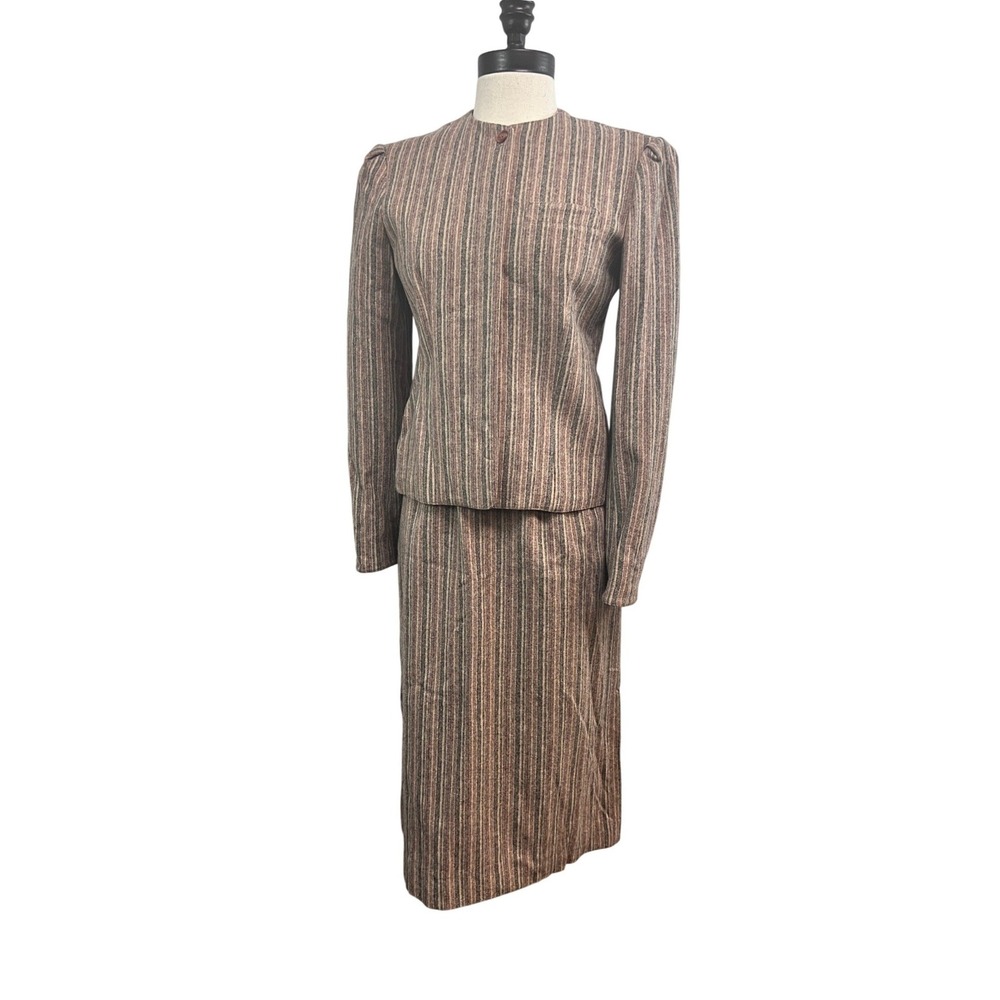 Prophecy Skirt Suit Womens S Brown Excellent Vintage 100% Pure Wool Striped 2pc